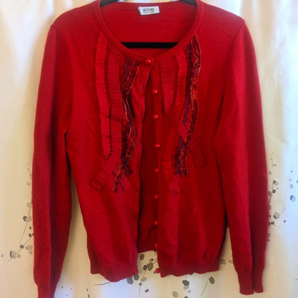 Moschino Red Button-Up Shirt with Ruffle Accents